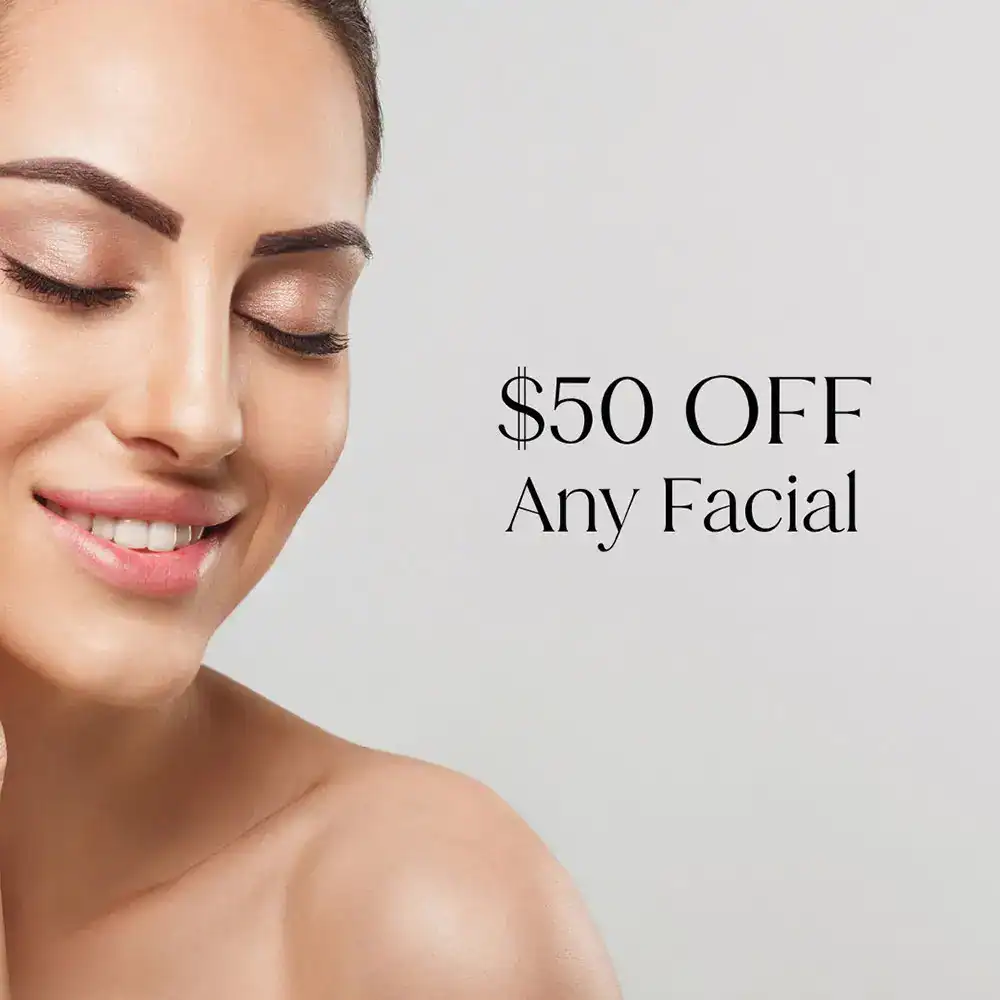 Woman with smooth, glowing skin featured in facial treatment promotion.