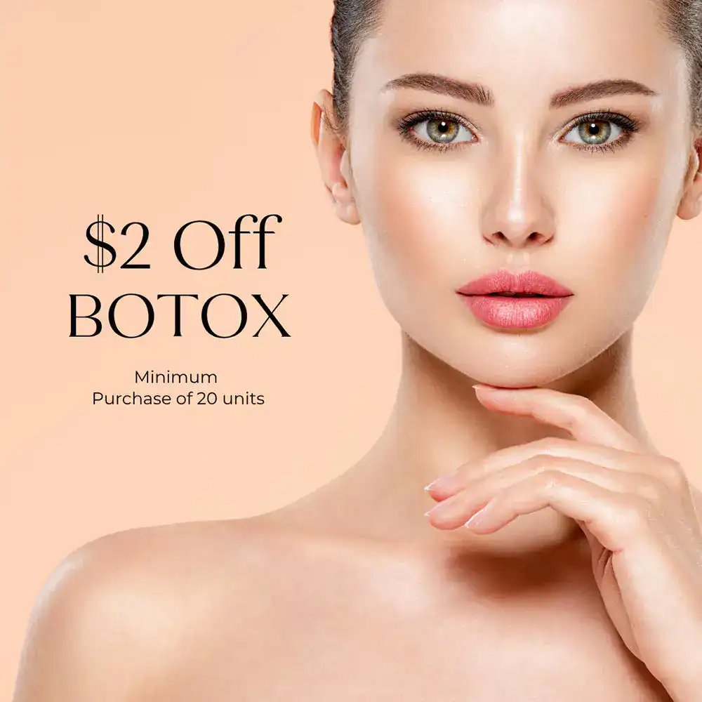 Botox cosmetic treatment promotion featuring woman with smooth, youthful skin.
