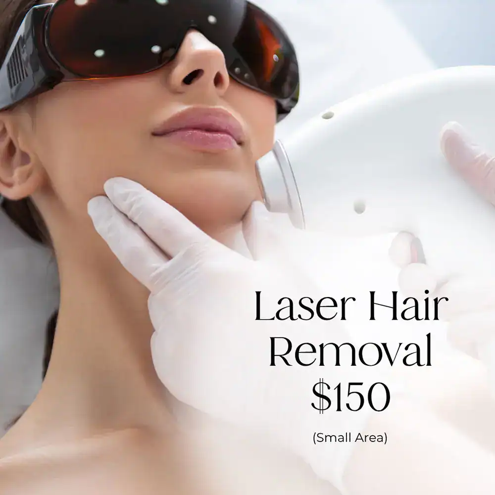 Laser hair removal treatment with protective goggles.