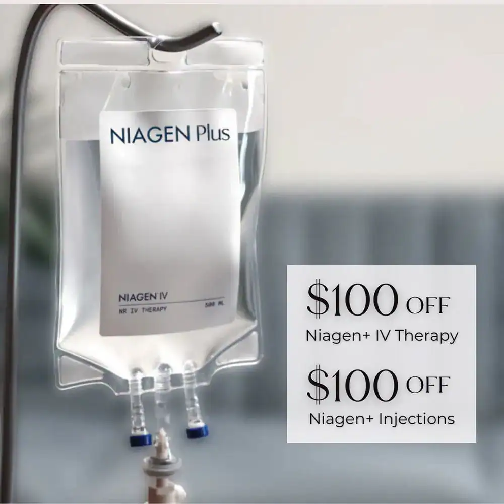 Niagen Plus IV therapy bag with promotional offer for Niagen IV therapy and injections.