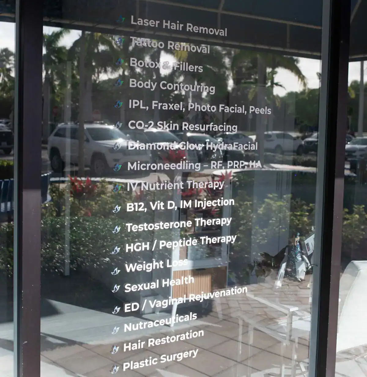 Medical spa services list including Botox, fillers, and hormone therapy.