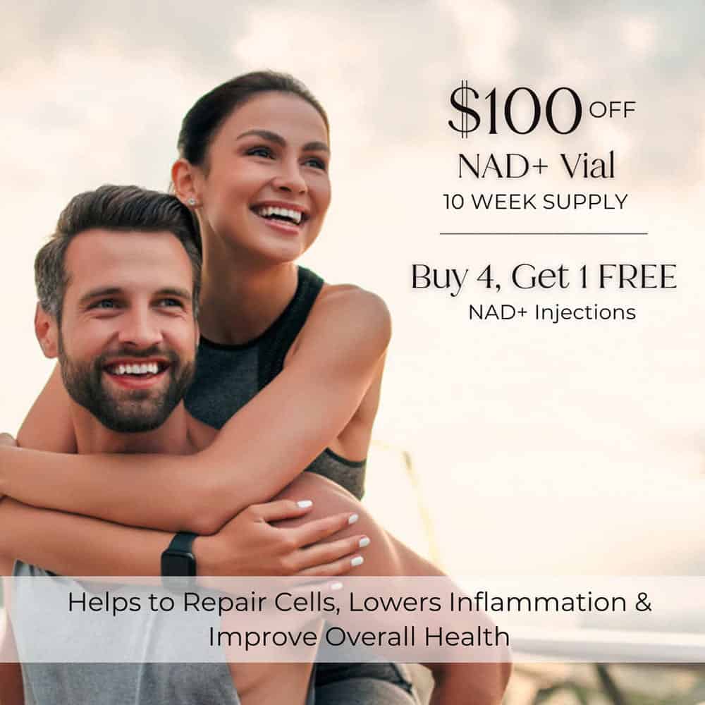Smiling couple outdoors with promotional offer for NAD+ vial and NAD+ injection discounts.