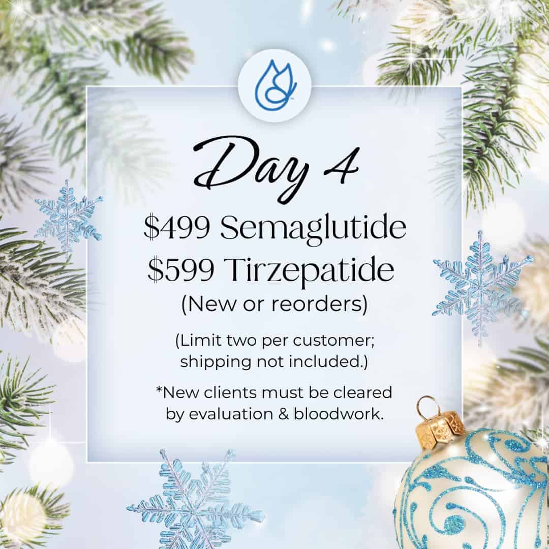 Holiday sale graphic for Semaglutide and Tirzepatide weight loss treatments.