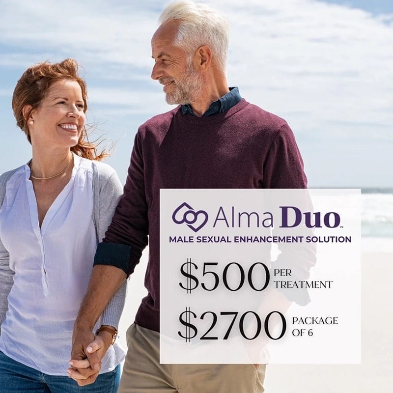 Couple walking on the beach promoting Alma Duo male sexual enhancement treatment pricing.