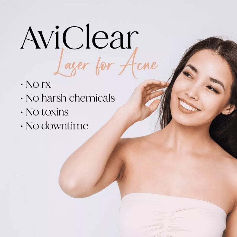 Woman smiling with clear skin beside AviClear laser for acne treatment promotion.