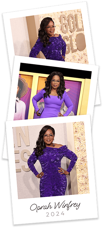 Oprah Winfrey in purple dresses on the red carpet.
