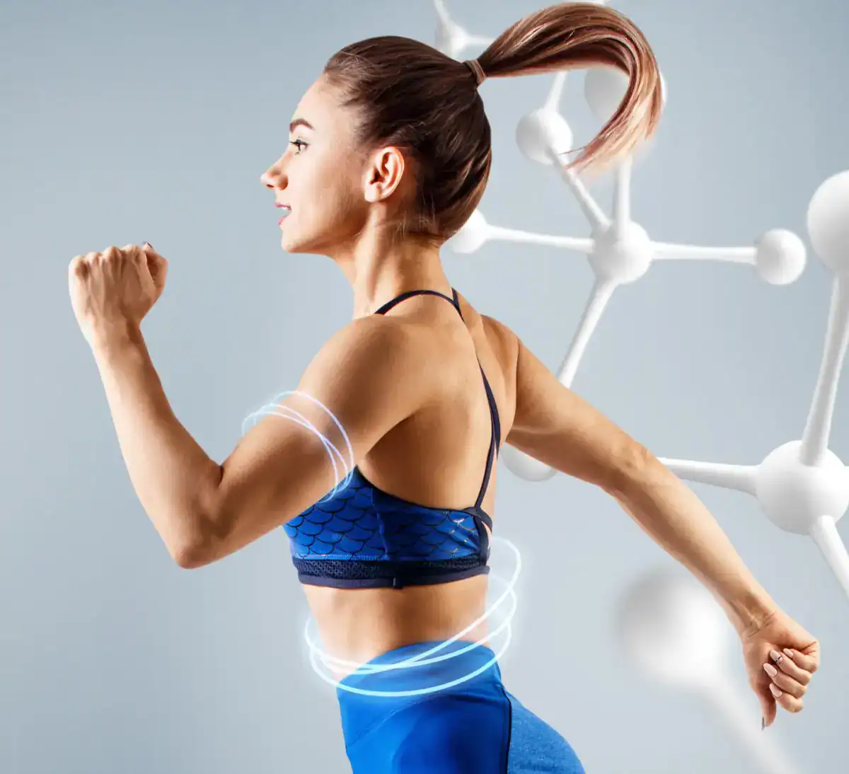 Woman running with molecular graphic, symbolizing cellular health and weight loss.
