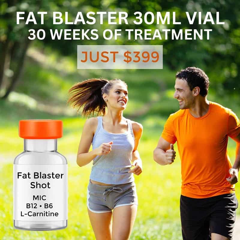 Fat Blaster Shot promotion showing two people jogging outdoors with product vial and pricing for 30 weeks of treatment.