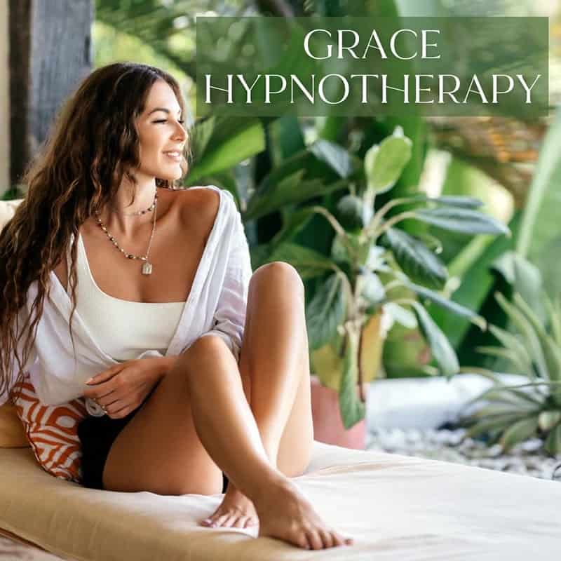 Woman relaxing in a serene wellness setting promoting Grace Hypnotherapy.
