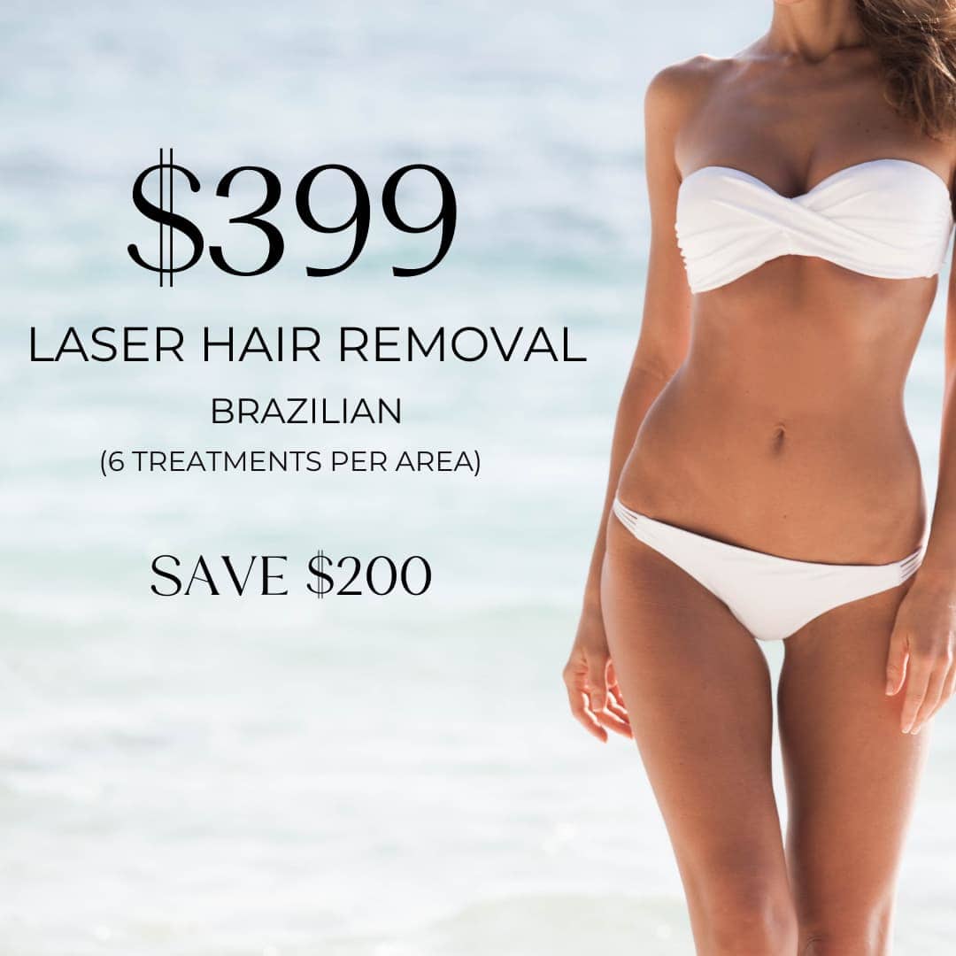 Laser hair removal Brazilian promotion showing pricing and savings with model in white swimwear by the ocean.