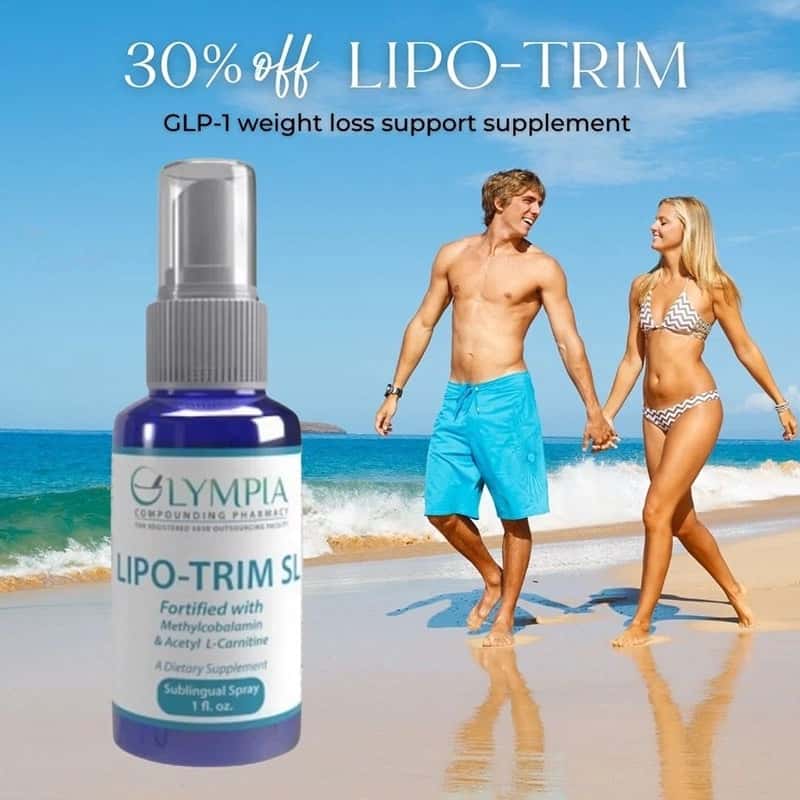 Couple walking along the beach beside a Lipo-Trim GLP-1 weight loss support supplement bottle.