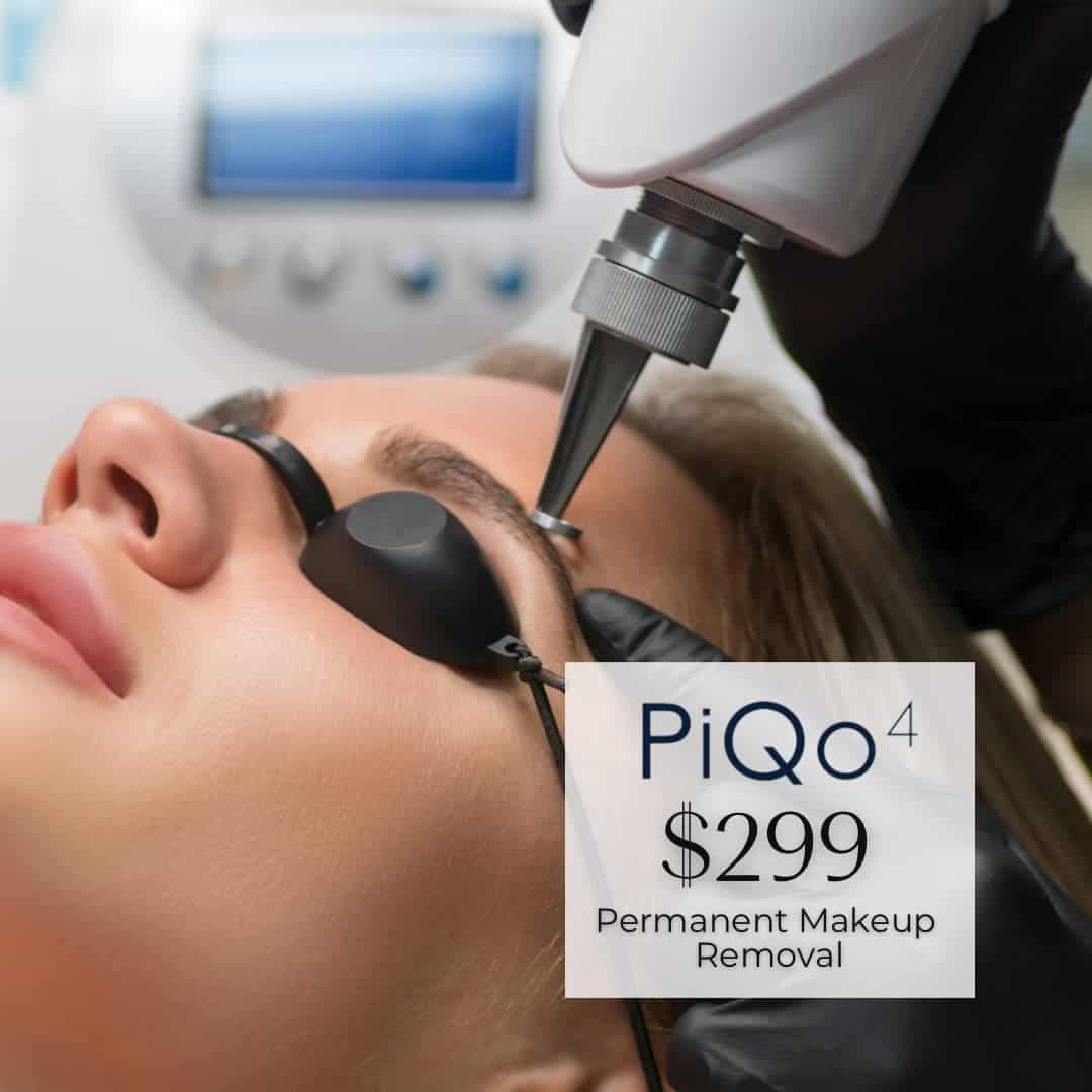 Client wearing protective eyewear during PiQo4 laser permanent makeup removal treatment.